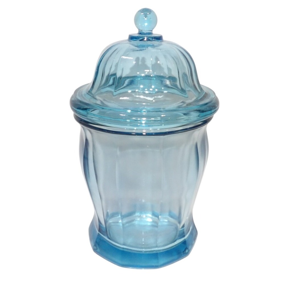 IN Glass Light Blue Glass Apothecary Jar with Domed Lid 9.5 Inch Ribbed Canister